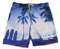 Modro-svetloružové plážové kraťasy s palmami a sufrmi