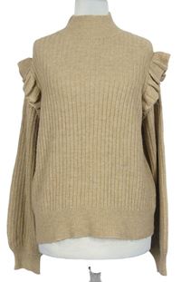 Dámsky béžový rebrovaný sveter s volánikmi New Look