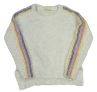 Biely chlpatý sveter s barevnými pruhy na rukávech zn. Pepperts