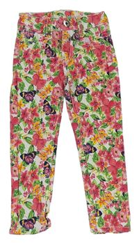 Farebné kvetované plátenné skinny nohavice s motýly