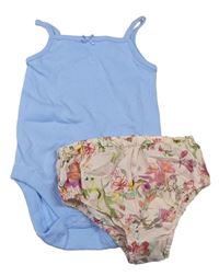 2 set - Modré body + svetloružové kvetované kalhoty pod šaty