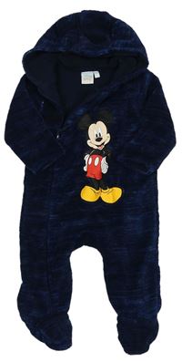 Tmavomodrá melírovaná chlpatá podšitá kombinéza s kapucňou a Mickeym zn. Disney