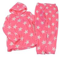 2Set - Kriklavoě ružovo-biela melírovaná plyšová domáceá mikina s hviezdičkami a kapucí + nohavice Love Sleep