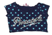 Tmavomodré crop tričko s hviezdami a logom Pineapple