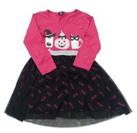Ružovo-čierne bavlněno/síťované šaty s kočičkami Kiki&Koko