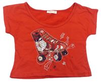 Červené crop tričko s kolečkovou bruslí s flitrami a kamienkami BREEZE