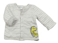 Šedo-bílý pruhovaný propínací zateplený kojenecký kabátek s dinosaurom Topomini