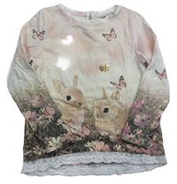 Svetloružová -smetanovo-hnedé tričko s králíčky a motýlikmi a čipkou zn. H&M