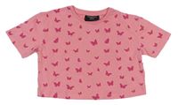 Ružové crop tričko s motýlikmi