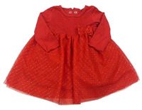 Červené bavlněno/tylové šaty s mašlou a bodkami C&A