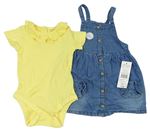 2Set - Modré riflové propínací šaty s čumáčky/kapsami + žluté žebrované body s volánkem F&F