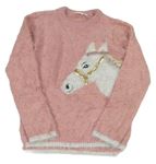 Světlerůžový chlupatý svetr s koněm Kids