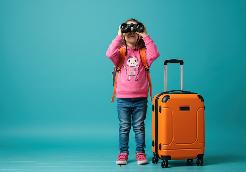 dievča s kufrom a ďalekohľadom