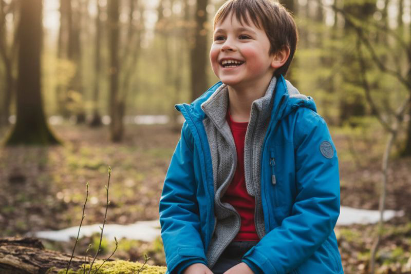 Chlapec v bundě na výletě v lese