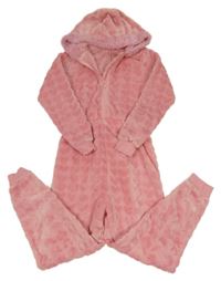 Růžová vzorovaná plyšová kombinéza s kapucí Matalan