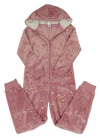 Staroružová chlpatá kombinéza s jednorožcami a kapucňou Peacocks