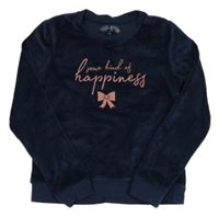 Tmavomodrá zamatová mikina s nápisom