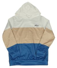 Bielo-béžovo-modrá pruhovaná športová mikina s kapucňou