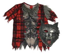 Kockovaným - 2 set - červeno-sivé tričko s kožešinou + maska - vlkodlak