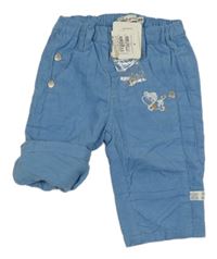 Nové - modré podšité manšestráky s výšivkou