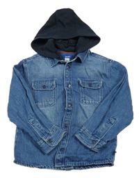 Modrá rifľová bunda s tmavomodrou teplákovou kapucňou okaidi