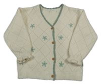 Smetanový vzorovaný propínací svetr se zeleným lemem 