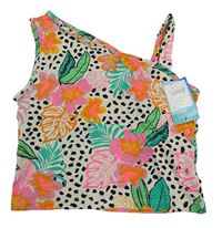 Bílo-černo-barevný puntíkatý crop top s květy a holým ramenem 