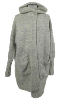 Dámský šedý melírovaný svetrový cardigán s kapucí 