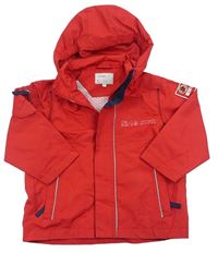 Červená šušťáková jarná bunda s nápise a kapucňou