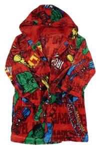 Červený chlupatý župan s Avengers a kapucí Marvel