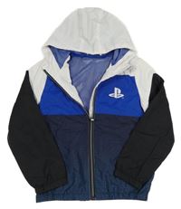 Bílo-modro-černá šusťáková jarní bunda Playstation a kapucí 