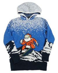 Modro-bílý vzorovaný svetr se Santou a kapucí Next