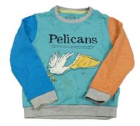 Modrozelená mikina s pelikánom a farebnymi rukávy