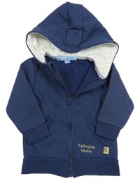 Tmavomodrá prepínaci mikina s nápisom a kapucňou