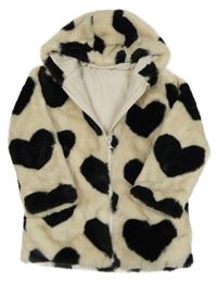 Béžovo-černá kožešinová podšitá bunda se srdíčky a kapucí Nutmeg