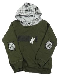 Khaki mikina s nápisom a kockovanou kapucňou