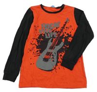 Červeno-čierne pyžamové tričko s kytarou a nápisom