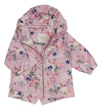 Světlerůžová šusťáková jarní parka s jednorožci a kytičkami a kapucí Next