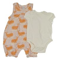 2Set - Světlerůžové melírované laclové kraťasy s velrybami + bílé body Topomini