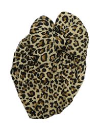 Béžovo-čierno-hnedá tygrovaná turbanová čapica s mašlou