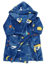 Tmavomodrý chlupatý župan s vesmírem a kapucí