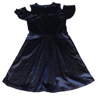 Tmavomodro-zlaté sametové šaty s volnými rameny Primark