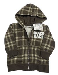 Nové - Hnědo-bílá kostkovaná propínací mikina s nápisem a kapucí Oskar´s mini