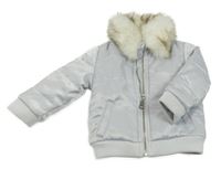 Strieborná saténová zateplená prešívaná bunda s kožúškom River Island