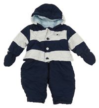 Tmavomodro-biela šušťáková zimná kombinéza s velrybou a kapucí + rukavice Mothercare