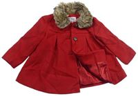 Červený flaušový podšitý kabát s kožušinovým golierikom F&F
