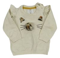 Smotanový sveter s mačičkou a volánikmi F&F