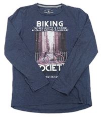 Tmavomodré melírované tričko s bicyklom a nápismi TOM TAILOR