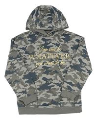Šedo-army mikina so zlatými nápisy a kapucňou PRIMARK