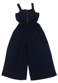 Tmavomodrý mačkaný nohavicový culottes overal s gombíkmi a zavazováním PRIMARK
